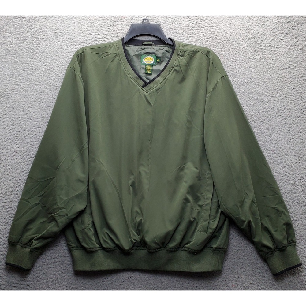 Cabelas Golf Windbreaker Jacket Mens L Green Classic Ribbed Hem V-Neck Outdoor